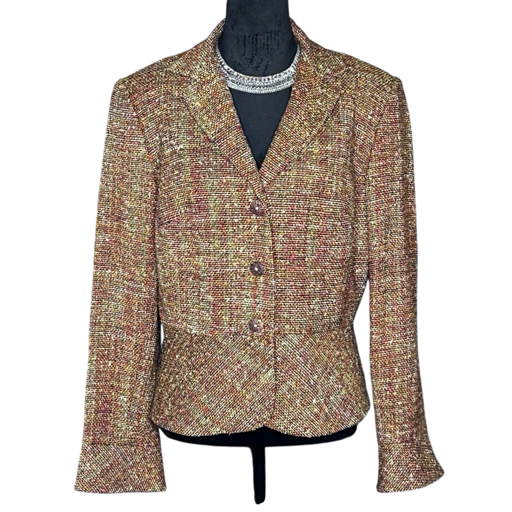 Talbots Tweed Brown Tan Green Crop Lined Blazer With Peplum Silk Blend Sz 14